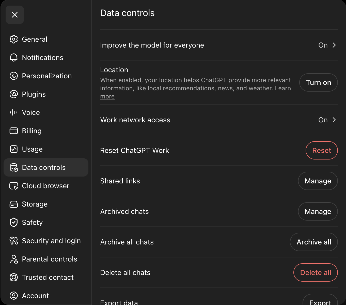 חלונית Data controls בהגדרות ChatGPT: Improve the model for everyone למעלה, ולמטה ייצוא ומחיקה