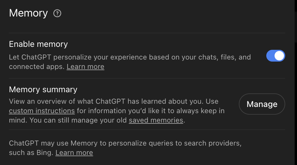 אזור Memory בהגדרות ChatGPT: מתג Enable memory וכפתור Manage